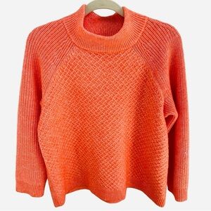 Talbots Orange White Crew Neck Fisherman’s Knit Wool Blend Pullover Sweater